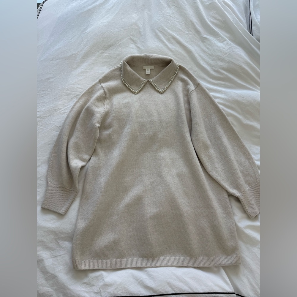 H&M Cream Long Sleeve Sweater Dress with Pearl Collar
